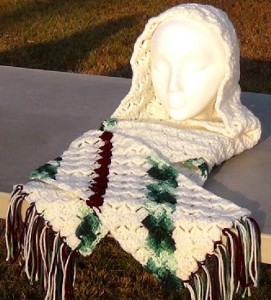 Hooded Scarf - White with Maroon and Green Stripes