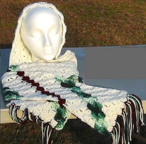 Hooded Scarf - White with Maroon and Green Stripes 4