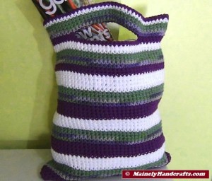 Crocheted Bag - Small Cotton Tote - Purple, Green, White Stripe - Reusable