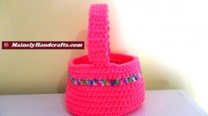 Easter Basket - Crocheted Bright Spring Basket - Pink with variegated stripe 3