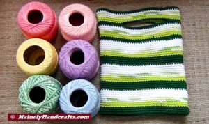 Green Striped Crocheted Bag - Small Cotton Market Tote - Reusable Tote Bag 4