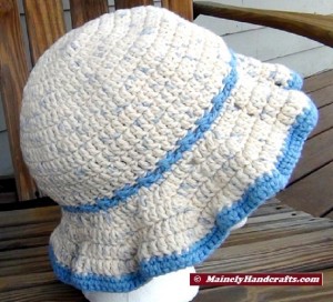 Crochet Hat - Sun Hat - Floppy Brim Hat - Denim Blue Fleck with Light Blue Trim 2