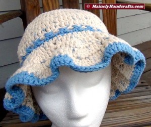 Crochet Hat - Sun Hat - Floppy Brim Hat - Denim Blue Fleck with Light Blue Trim