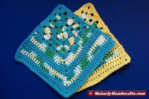 Granny Crochet Dishcloth - Granny Corner Wash Cloth - Set of 2 Blue and Yellow Decorative Cotton Cloths