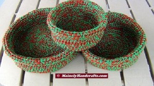 Crochet Baskets - Rolled Brim Baskets - Set of 3 Nested Baskets - Green and Rust Festive 2