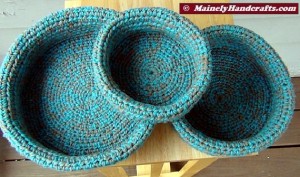 Robins Egg Blue and Taupe Crochet Baskets - Crocheted Nested Bowls - Rolled Brim Baskets - Set of 3 Nested Baskets 2