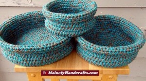 Robins Egg Blue and Taupe Crochet Baskets - Crocheted Nested Bowls - Rolled Brim Baskets - Set of 3 Nested Baskets 4