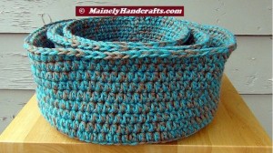 Robins Egg Blue and Taupe Crochet Baskets - Crocheted Nested Bowls - Rolled Brim Baskets - Set of 3 Nested Baskets 5