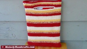 Crochet Tote Bag - Cotton Tote Bag - Country Red, Yellow, White, Variegated Stripe Sac Mainely Handcrafts